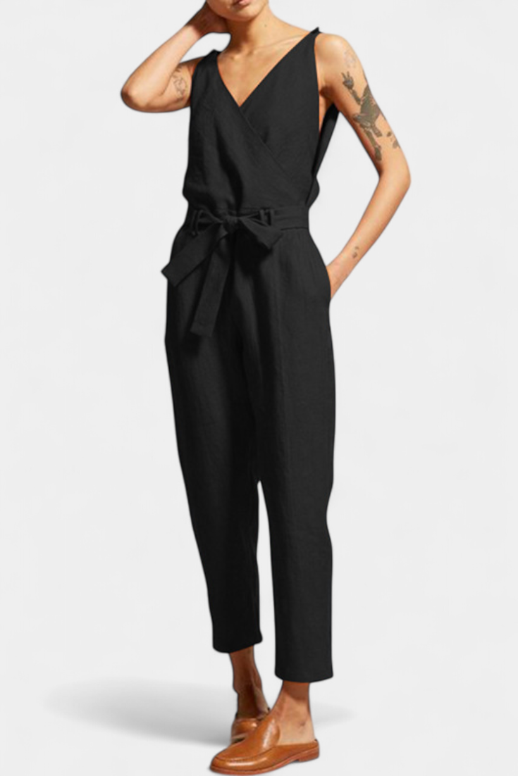 Maggie Mono Sin Mangas con Escote en V y Cintura Cruzada en Algodón