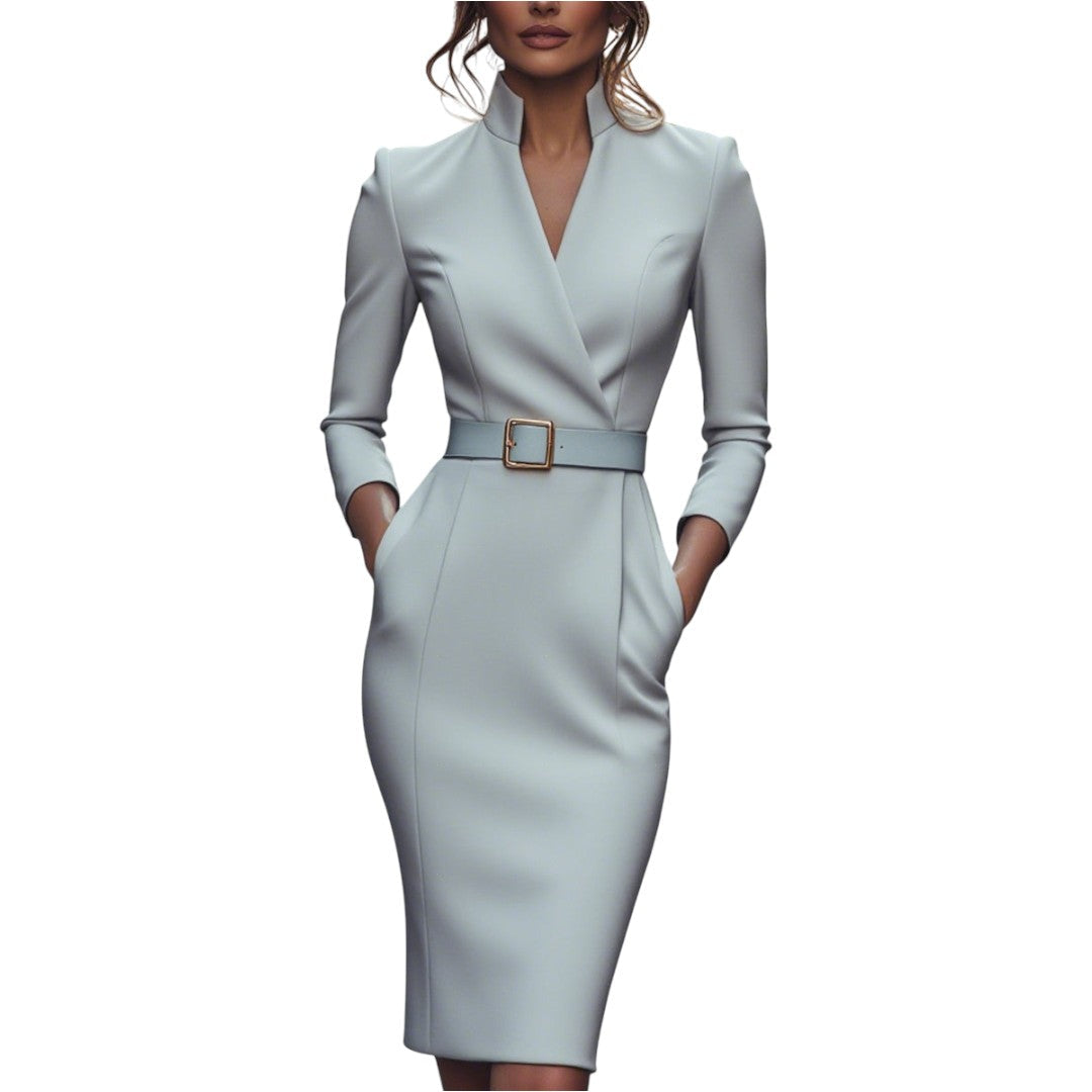 Marina | Vestido negro refinado con cinturón y cuello mandarín