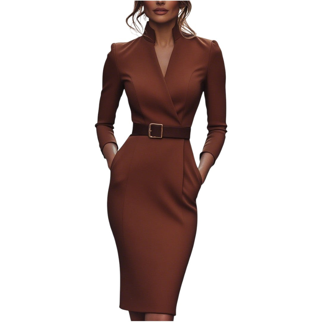 Marina | Vestido negro refinado con cinturón y cuello mandarín