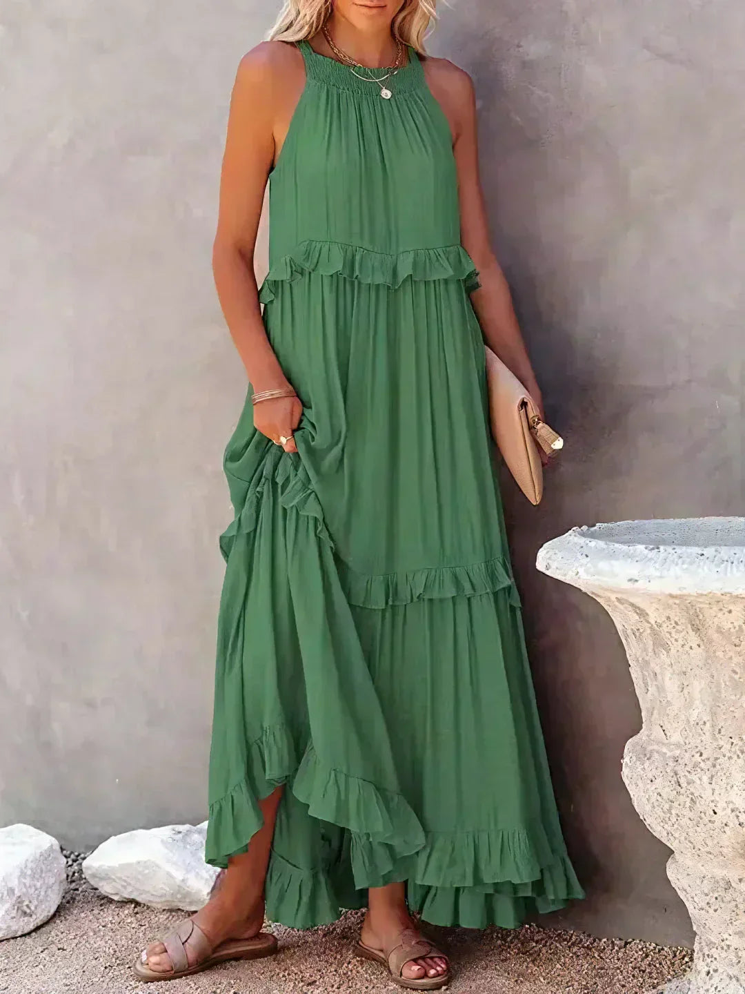 Robyn - Vestido Maxi con Volantes y Cuello Halter